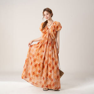 Vintage Holiday Style V-Neck Gingham Long Dress