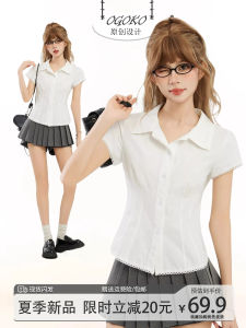 Preppy Style White Polo Collar Shoulder Short Sleeve Shirt Womens Summer Small Silm Cinched Blouse Short Tops