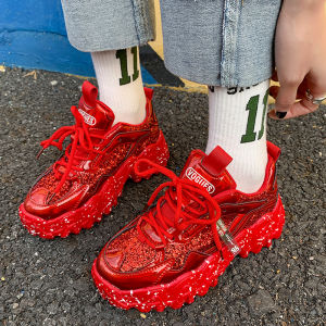 2025 New Snake Year Fashion Casual Thick Bottom Heightening Slim Dad Shoes Lucky Year Red Small Size Sports Shoes round Toe