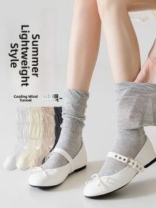 JINGCHI | Lace Socks For Women Summer Thin Ballet Style White Mary Jane Chunky Socks With Little Shoes Grey Mid-Calf Summer Cotton Socks