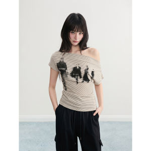 ARCG | Striped Off-Shoulder Short Sleeve Slim T-shirt