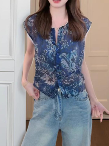 Shalldoer | Lace Splicing Design Sensation Floral Sleeveless Womens Sunscreen Shirt Summer Slimming Waistband Top Casual Style Loose Fit