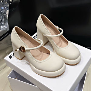 Elegant Mary Jane High Heels Chunky Heel Womens Fashionable Slip-On round Toe PU Leather Rubber Outsole Solid Color Shoes