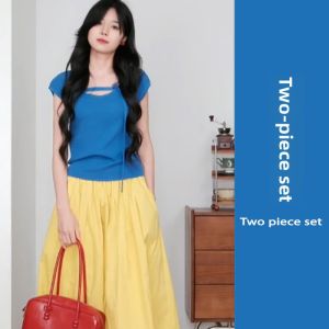 YUEZHONGWEI | French Floral Knot Blue Ice Silk Knitted T-Shirt Women Summer Unique Beautiful Slim Short Top Korean Style U-Neck Short Sleeve