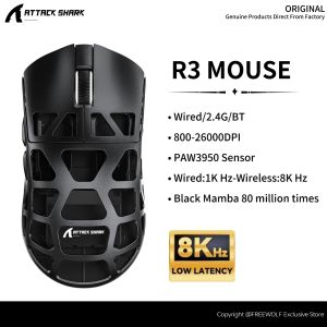 ATTACK SHARK | ATTACK SAHRK R3 Gaming Mouse Lightweight Aluminum Alloy StructurePAW3395 Sensor8K Hz Return Rate26000DPIWired/2.4G/BT