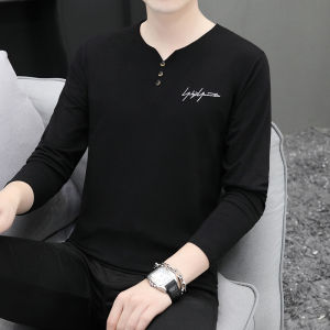 Autumn Winter Fleece Long Sleeve Mens T-Shirt Pure Cotton V-Neck Base Shirt Trendy Brand Youthful Style Standard Fit Daily Wear