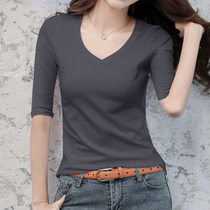 Slim Fit V-Neck T-Shirt Womens Summer Fashionable Grey Cotton Blend Five-Quarter Sleeve Base Shirt Korean Style Commute Pure Color