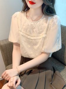 Áo Thun Chiffon Tay Bồng Thêu Thời Trang Mùa Hè Mới Cho Nữ Áo Thun Cổ Tròn Tay Ngắn Chất Liệu Polyester Áo Thun Thường Ngày
