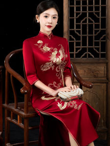 Elegant Embroidered Cheongsam Wedding Guest Dress High-End Acetate Luxury Maternity Qipao for Wedding Guests And Mothers-In-Law
