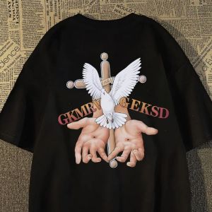 American Style High Street Pure Cotton Short Sleeve T-Shirt Men Summer Trendy Loose Heavy Half Sleeve Oversize Top