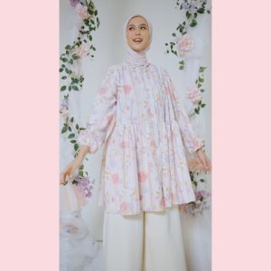 HijabChic Melissa Creme Pink Tunic - Tunik Katun Premium Lembut Motif Bunga Cantik Layer Kerut Busui