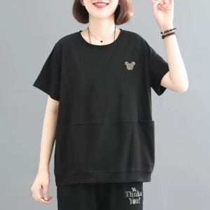 New 2025 Womens Diamond-Embedded Short-Sleeve T-Shirt Pure Cotton Casual Loose Design Summer Fashion Large Size Top