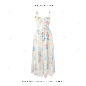 Rose Print V-Neck Lace Mesh Spaghetti Strap Long Dress with Hooded Cape Two-Piece Set