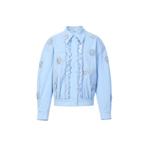 LeFame Spring 2026 Light Blue Daisy Trim Jacket Shirt Jacket Loose Fit Long Sleeve Flip Collar Regular Thickness Nylon Spandex
