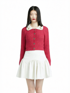 Original Designer Slim V-Neck Magenta Knit Long Sleeve Top