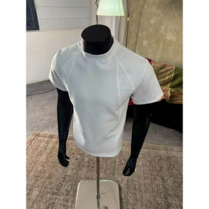 American Retro Mens Short Sleeve T-Shirt Lightweight Ribbed Splicing Heavyweight Small Collar Casual Half Sleeve 2025 New