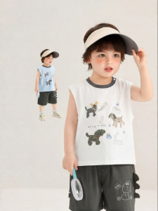 CUTEPANDAS | Bộ Áo Thun Không Tay In Truyện Tranh và Quần Ngắn Cotton Porcelain Ice