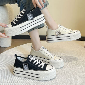 Womens Thick Bottom Canvas Sneakers 2023 Spring Korean Style Casual Sports Flat Shoes round Toe Low Top Rubber Sole