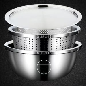 Thickened 316 Stainless Steel Basin Home Use Vegetable Washing Basin Rice Washing Drainage Basin with Lid Multi Purpose Soup Basin