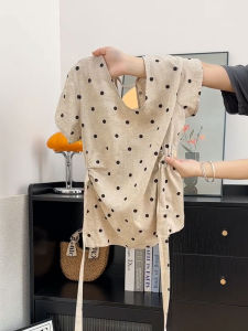 YUFUQING | French Vintage Polka Dot Belted Waist Short Sleeve Shirt Women Summer Gentle Unique Beautiful Small Top Commute Style Slim Fit High Waist Polyester Fiber Summer Season Round Neck Regular Sleeve Length