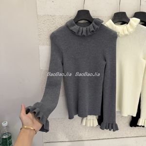Korean Style High Collar Knitted Base Shirt Women Soft Delicate Fashionable Winter New Arrival Long Sleeve Floral Edge Sweater