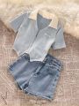 Girls Summer Outfit Set Zipper Short Sleeve Denim Shorts Casual Sweet Korean Style Children's Clothing Two-Piece Set Irregular Design. 
