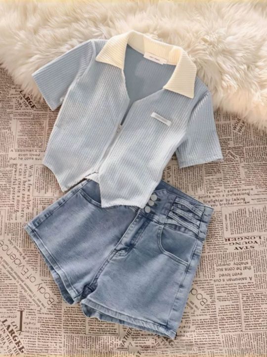 Girls Summer Outfit Set Zipper Short Sleeve Denim Shorts Casual Sweet Korean Style Children's Clothing Two-Piece Set Irregular Design