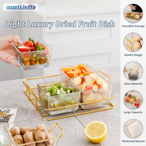 JustLiving 2/3/4/6Grids Glass Tray Set with Lid Fruit Tray Snack Plate Dessert Candy Plate Festive Decorations Snacks Separated Platter Living Room Household Creative Snacks Candy Compartment Dried Fruit Tray