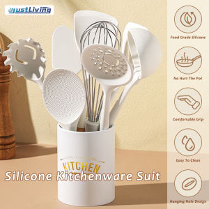 JustLiving 7/9/12 Pcs Set White Silicone Kitchenware Cooking Tool Utensils Set With Wooden Handle Non Stick Silicone Spatula Baking Tool with Storage Box Egg Beater Oil Brush Noodle Spoon