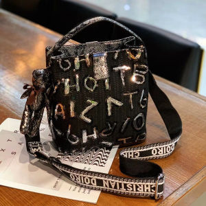 Shiny Sequin Letter Bucket Bag Womens Fashionable Crossbody Handbag Soft PU Leather Korean Style Small Size Casual Bag