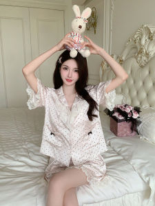 ชุดนอนผู้หญิงแขนสั้นผ้าไหมน้ำแข็งลายจุดลูกไม้เซ็กซี่ใส่ในบ้านชุดนอนฤดูใบไม้ผลิและฤดูร้อนชุดนอนผู้หญิงใหม่ปี 2025