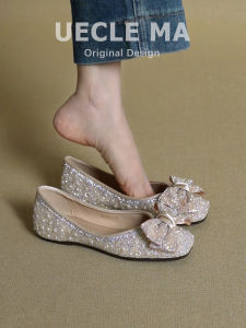 MASHUJIA | French Style Flat Ballet Single Shoes Water Crystal Bow