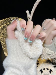 Dynamic Peacock Green Cat Eye Nail Tips Handmade Wearing False Nails White Enhancing Flash Smile Effect Bright Color Series