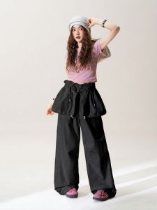SHANGWEILUO | Elegant Gray Drop Crotch Faux Two-Piece Wide Leg Summer Comfortable Casual Pants