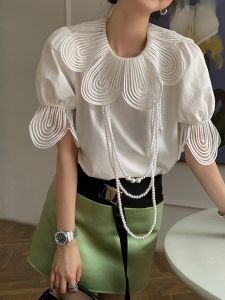French Court Style White Shirt with Lace Detailing and Bubble Sleeves for Women Perfect for Summer Parties and Fashion-Forward Dressing