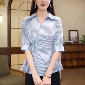 NUMEN BUTTON | Elegant Ruffled Striped Short Sleeve Shirt Dress
