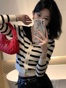 Slim Fit Striped Knit Sweater Short Loose Navy Collar Open Cardigan Spring Autumn Womens Fashion Casual Versatile Top