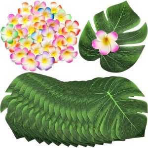 10Pcs Christmas Silk Artificial Monstera Palm Leaves Plumeria Flowers for Hawaiian Tropical Party Decor Home Room Wedding Decor