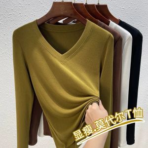 Plus Size Modal V Neck Long Sleeves Bottoming Shirt T-shirt Female Spring & Fall Outer Wear Inner Wear Slim Thread Small V Easiest for Match Tops