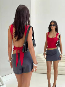 Solid Color Backless Strap Slimming Vest Pure Color Exposed Back Belted Tube Top Womens Slim Fit Street Style Summer Vest