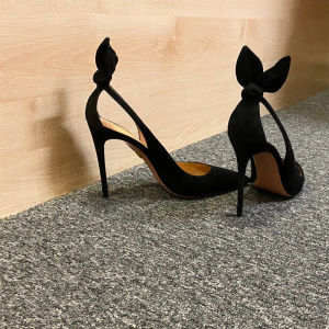 Elegant Black Rabbit High Heels with Bow Detail Pointed Toe Thin Stiletto Summer Sandals for Women Fashionable Glued Rubber Sole