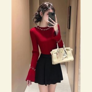 SHANGSHA | Fashionable Design Elegance Red Flared Sleeve Beaded Knit Top
