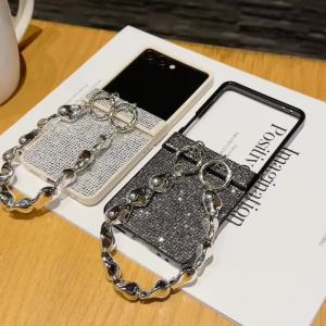 szhaiyu | Diamond Sparkling Powder Wrist StrapPhone Case for Samsung Galaxy Z Flip 7 6 5 4 Flip6 Flip5 Flip4 Flip7 FE 5G Protective Cover