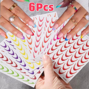 6ชิ้นสติกเกอร์ศิลปะเล็บลายเส้นแบบฝรั่งเศสไล่ระดับสี3D การออกแบบเล็บแบบโค้ง/ลายดวงจันทร์การตกแต่งเล็บมือแบบ DIY Ombre กาวสติ๊กเกอร์ติดเล็บเอง