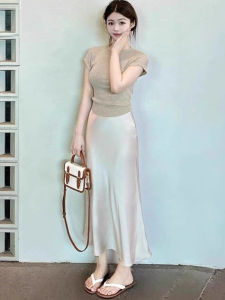 Elegant Satin Fish Tail Skirt Womens Summer Outfit Short Sleeve T-Shirt Two Piece Set High Waist Korean Style Midi Skirt