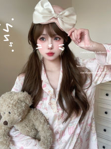 Cutelamb เค้กหมีน้อย Pure Desire Girls Ice ผ้าไหม สีชมพู การ์ตูน พิมพ์ Turn-down ปกเสื้อ ฤดูใบไม้ผลิ ฤดูใบไม้ร่วง ชุดเสื้อผ้าบ้าน