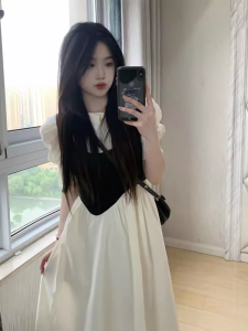 French White Fake Two-Piece Dress Womens Summer 2024 New Design Sense Niche Style Long Puff Sleeves First Love Skirt