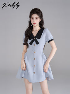 ชุดเดรสแขนพองสีฟ้าสไตล์ฝรั่งเศส คอตุ๊กตา กระโปรงทรงเอ ดีไซน์เก๋ไก๋ สไตล์หวาน ช่วงเอวเข้ารูป ชุดเดรสฤดูร้อนสำหรับผู้หญิง