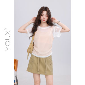 YOUXIANG | Áo Thun Tay Ngắn Phong Cách Hai Mảnh Voan Hồng