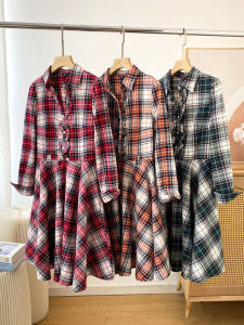 Sweet Korean Style Plaid Midi Dress Womens Slim Fit Long Sleeve Elastic Waist A-Line Skirt Style Autumn Spring Fashion Dress